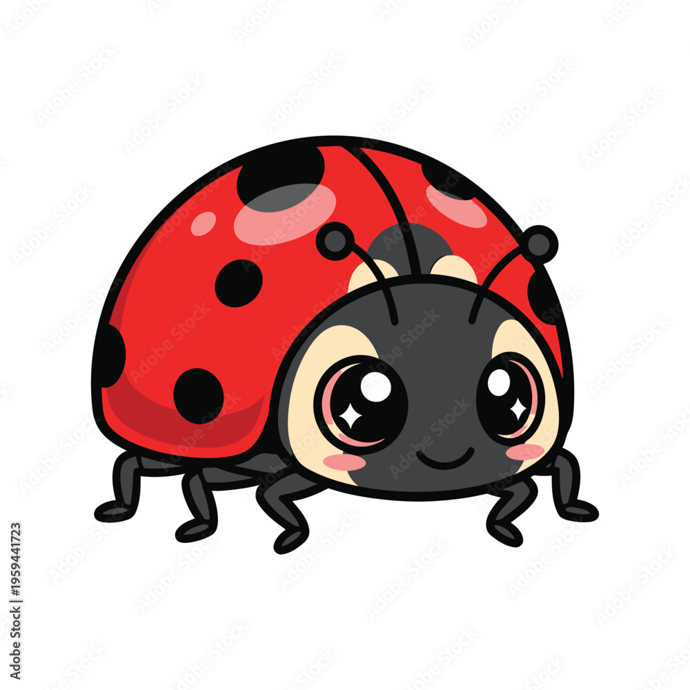 Fototapeta premium Cute Kawaii Ladybug Vector Illustration with Red Spotted Shell and Sparkling Eyes