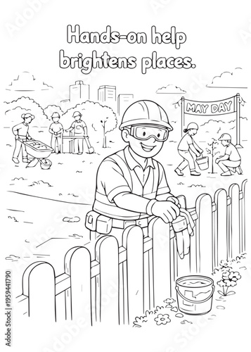 coloring book page father using hands on help to brighten a community fence and garden area