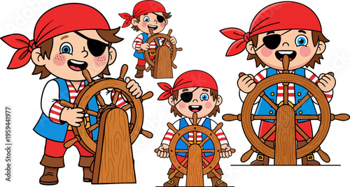 Cartoon pirate boy character set, little sailor steering ship wheel, cute buccaneer child with eye patch and red bandana, flat vector illustration