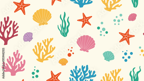 Colorful seamless pattern of diverse sea shells, starfish, corals, and seaweed on a warm cream background for coastal decor.