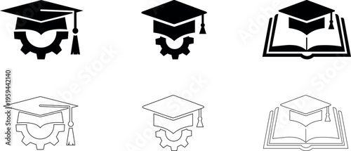 Graduation cap icon set vector with gear and open book symbol silhouette and outline style isolated on transparent background