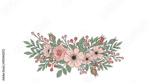 Delicate floral border arrangement featuring pink roses, wild flowers, and green leaves along the bottom of the frame.