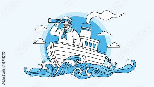 Cheerful sailor in uniform standing on a ship deck looking through a telescope at the blue sea with waves and clouds.