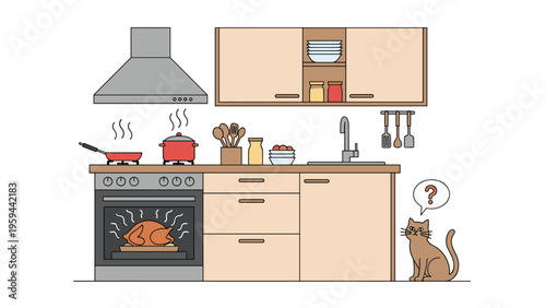 Well organized kitchen scene with a turkey roasting in the oven, pots on the stove, and a cat waiting for a treat.