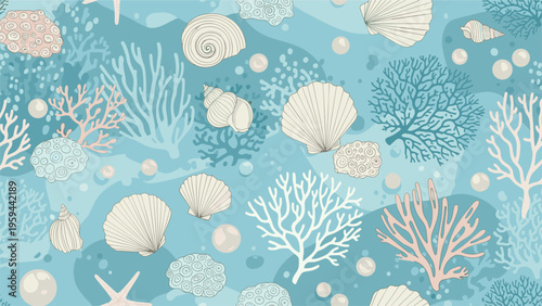 Detailed seamless pattern of sea shells, corals, and pearls on a tranquil blue underwater background for ocean theme.