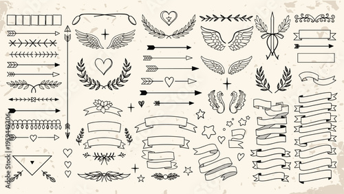 Comprehensive set of hand-drawn vintage design elements includes arrows wings hearts ribbons wreaths and decorative banners on aged paper.