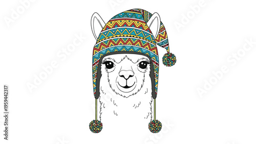 Charming illustration of a white alpaca with long eyelashes wearing a colorful geometric patterned winter hat with pom-poms on its ears.