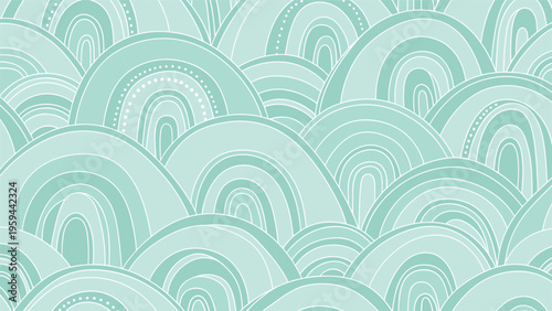 Modern abstract pattern features overlapping arches or rainbows in various shades of teal and mint green with subtle dotted and line details.