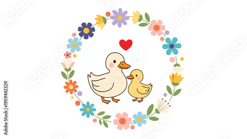 Sweet illustration of a mother duck and her duckling inside a colorful floral wreath with a red heart symbolizes maternal love and care.