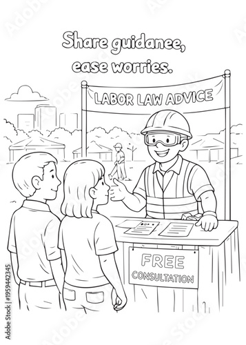 coloring book page father sharing guidance and easing worries at a labor support booth