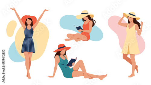 Set of four stylized illustrations depicts women in summer outfits and swimwear relaxing reading books and enjoying a day at the beach or pool.