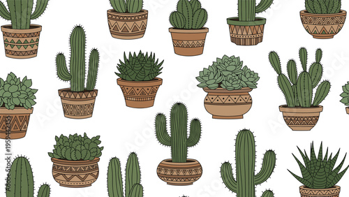 Charming pattern displays various cacti and succulents in uniquely decorated and patterned pots creating a colorful indoor garden theme.