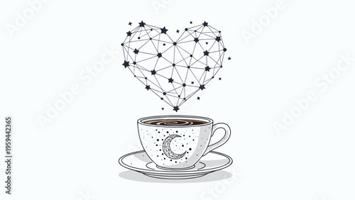 Dreamy illustration features a cup of coffee with a crescent moon design and a geometric heart made of stars and lines floating above it.