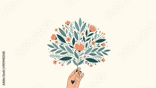 Artistic illustration shows a hand with a heart tattoo holding a stylized bouquet of colorful flowers and leaves against a soft cream background.