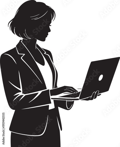 A professional woman in business attire works on her laptop in a sleek silhouette, perfect for marketing, advertising, or technology concepts.