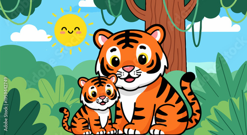 Cute cartoon tiger family in jungle landscape, adorable mother and baby tiger vector illustration, happy wild animals in tropical forest background