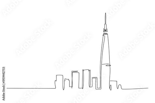 Minimalist line of city skyline with tall tower spire