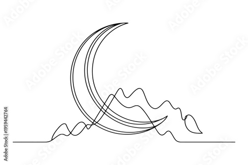 Minimalist line of crescent moon over mountain range line minimalist black and white nature