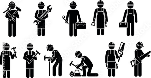 Worker, silhouette, set, construction, industrial, repair, tool, wrench, hammer, saw, man, professional, engineering, maintenance, builder, service, isolated, vector, black,  
