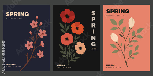 Minimalist Pink Spring Floral Design on Dark Background, Abstract Vertical Botanical Banner, Modern Aesthetic Flower Vector