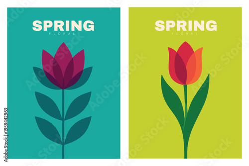 Minimalist Spring Flower Card Duo, Abstract Geometric Tulip Design, Fresh Teal and Lime Botanical Art