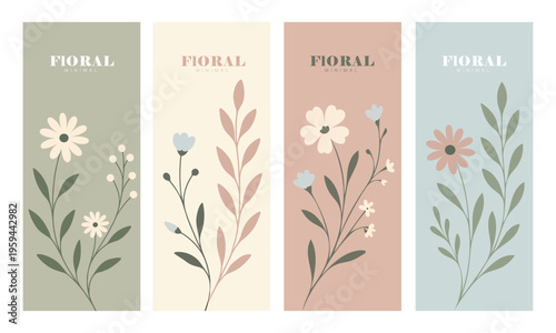 Minimalist Pastel Spring Floral Set, Elegant Soft Tone Botanical Art, Aesthetic Vertical Flower Illustrations