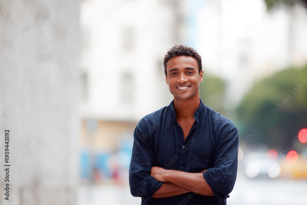 Fototapeta premium young brazilian man standing on city sidewalk smiling friendly portrait