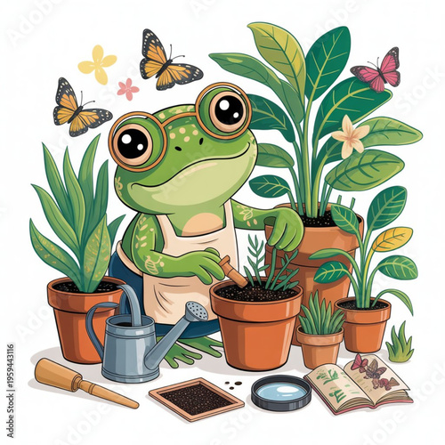 Color Whimsical Frog Botanist Illustration, Adorable Storybook Frog Gardener Vector Art, Decorative Animal Botanical Design Graphic