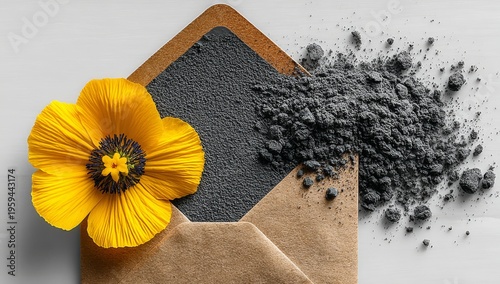 A pale surface holds an envelope surrounded by scattered ashes, conveying loss and finality