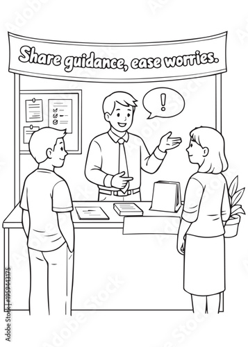 coloring book page father giving guidance and easing worries at a labor advice booth