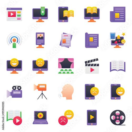 Gradient color icons set for Media, cinema, video, player