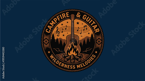 Guitar by campfire at night.