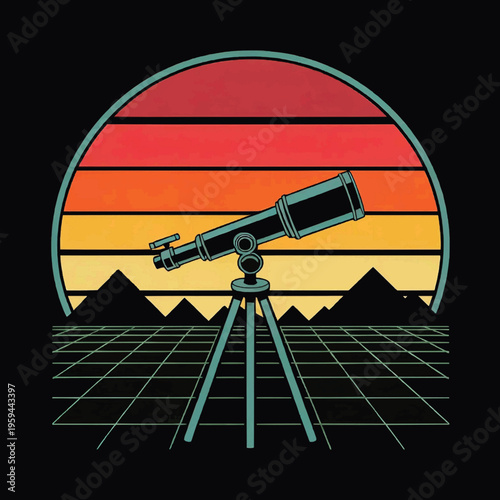 80s Vaporwave Telescope Grid Sunset T-Shirt Vector Design