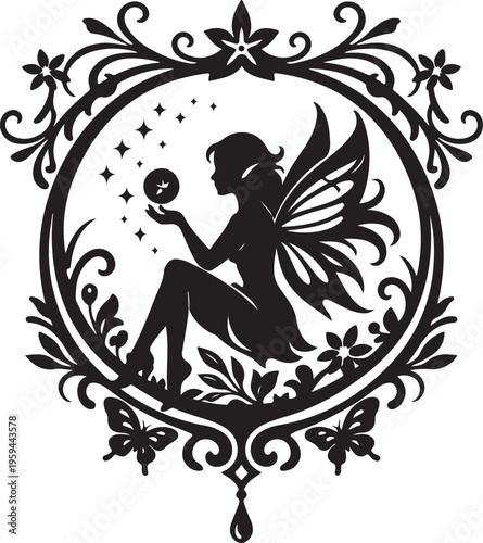 Elegant Silhouette of a Fairy with Magic Orb in Decorative Floral Frame, Black and White Fantasy Illustration