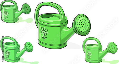 Green plastic watering can set with flower design, garden watering pot vector collection, spring gardening equipment icons for horticulture