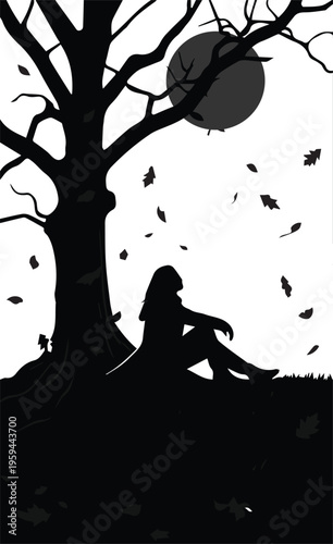 Silhouette of a lonely woman sitting under a bare tree at night with full moon.