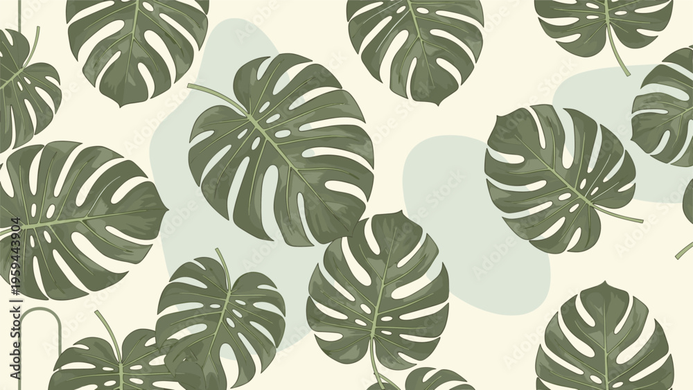 Fototapeta premium Tropical seamless pattern showcases large green monstera deliciosa leaves with abstract shapes on a warm off-white background.