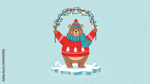 Cute brown bear wearing a cozy red holiday sweater and blue scarf holds a festive arch of colorful glowing Christmas lights.