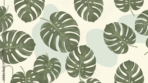 Tropical seamless pattern showcases large green monstera deliciosa leaves with abstract shapes on a warm off-white background.