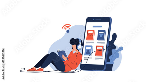 Digital reading concept illustration shows a person listening to music while reading a book next to a large smartphone screen.