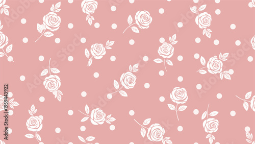 Romantic seamless pattern displays white rose illustrations with small polka dots scattered across a soft pastel pink background.