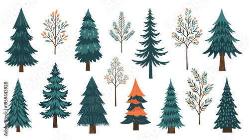 Diverse collection of evergreen and deciduous tree illustrations showcases various shapes and colors for a forest or park scene.