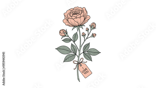 Beautiful hand drawn rose bouquet illustration includes a small tag with the words i love you tied to the stems with a ribbon.