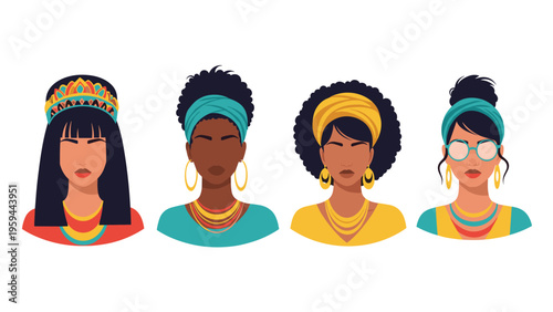 Set of four stylized portraits of diverse women wearing vibrant headwraps, necklaces, and jewelry in a modern flat style.