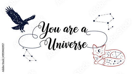 Inspirational universe-themed illustration with a flying eagle, a sleeping fox, and constellations surrounding text.