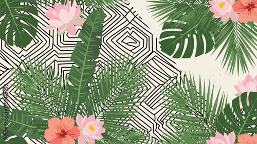 Lush tropical pattern with large green palm leaves, pink lotus flowers, and hibiscus on a black and white geometric base.