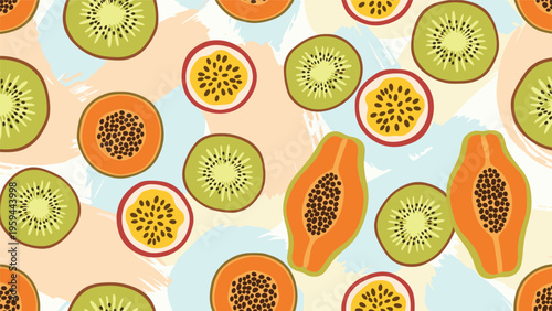 Vibrant seamless pattern of kiwi, papaya, and passion fruit slices on a textured background with soft pastel paint strokes.
