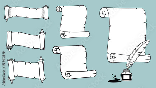 Set of vintage blank scrolls of paper in different sizes with a feather quill pen and an inkwell for a historical theme.