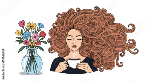 Beautiful young woman with long curly brown hair enjoys a cup of hot coffee next to a vase of fresh flowers.
