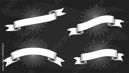 Retro style ribbon banners with radiating sunburst lines are presented on a textured dark chalkboard surface.